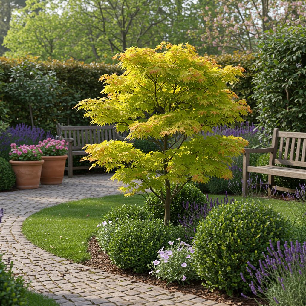 Green boutiQ - Terrasplant - Japanse Esdoorn - Acer palmatum Jordan - Geel - 2 Planten - Bladverliezend - Pot 19cm Hoogte 70cm