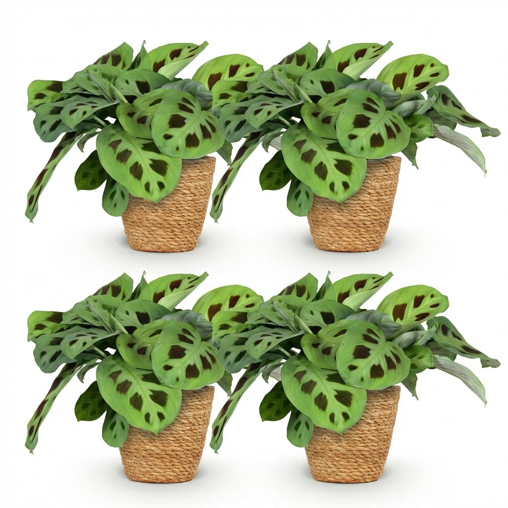 Maranta Fascinator Kerchoveana - Zebraplant - Huisdiervriendelijke Plant - Groen - 4 Planten - met Mand - Pot 12cm - Hoogte 25cm