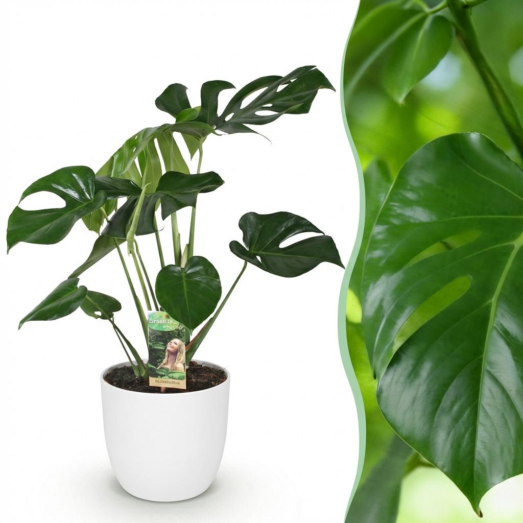 Monstera Deliciosa - Gatenplant - Weinig onderhoud - Groen - 1 Plant - met Potter Wit - Pot 21cm - Hoogte 70-80cm