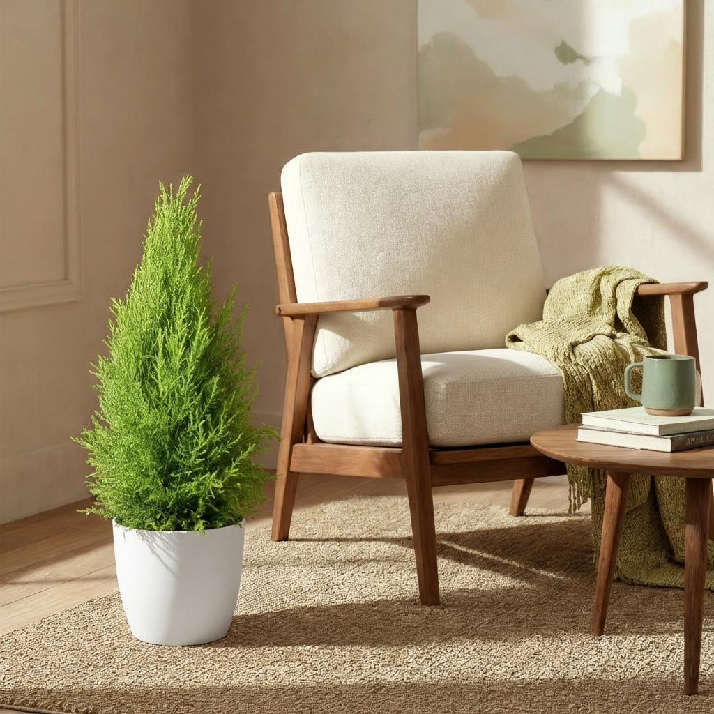 Cupressus Gold Crest Wilma - Kamer conifeer - Weinig onderhoud - Groen - 1 Plant - met Potter Wit - Pot 21cm - Hoogte 85-95cm