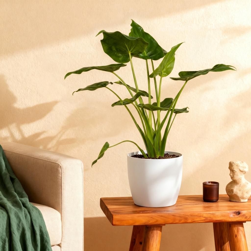 Alocasia Cucullata - Boeddha,s hand - Weinig onderhoud - Groen - 1 Plant - met Potter Wit - Pot 21cm - Hoogte 65-70cm