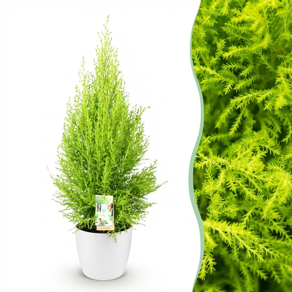 Cupressus Gold Crest Wilma - Kamer conifeer - Weinig onderhoud - Groen - 1 Plant - met Potter Wit - Pot 21cm - Hoogte 85-95cm