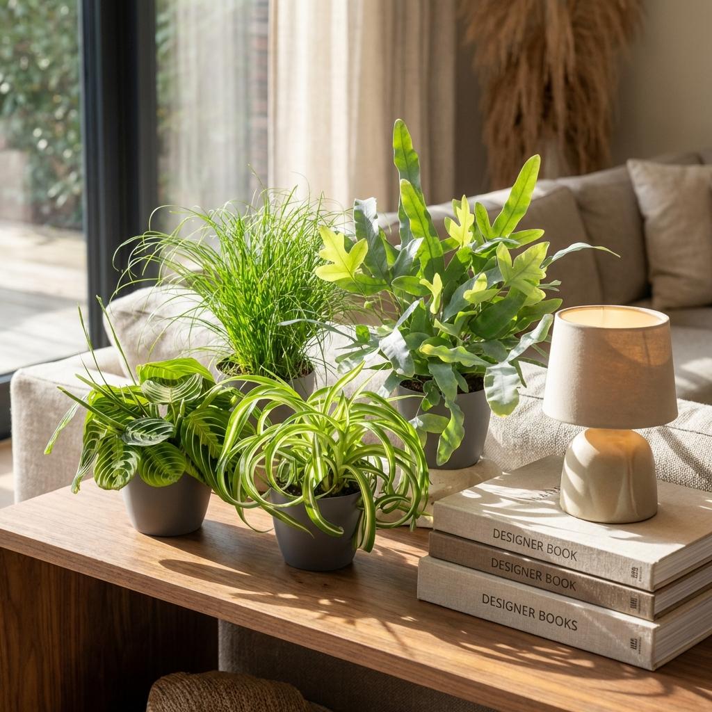 Chlorophytum - Cyperus - Phlebodium - Marantha - Mix van 4 - Huisdiervriendelijke Planten - Groen - 4 Planten - met Potter Grijs - Pot 12cm - Hoogte 25cm