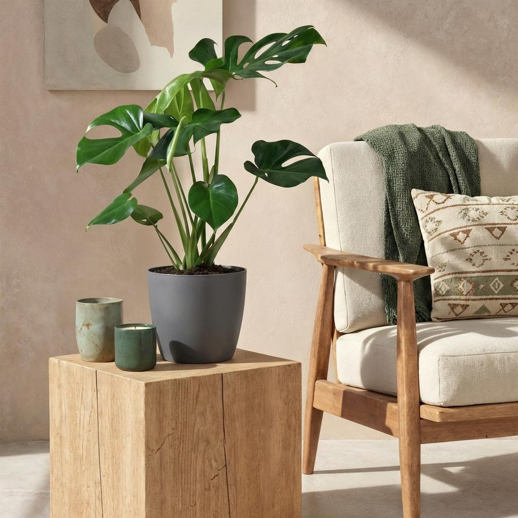 Monstera Deliciosa - Gatenplant - Weinig onderhoud - Groen - 1 Plant - met Potter Grijs - Pot 21cm - Hoogte 70-80cm