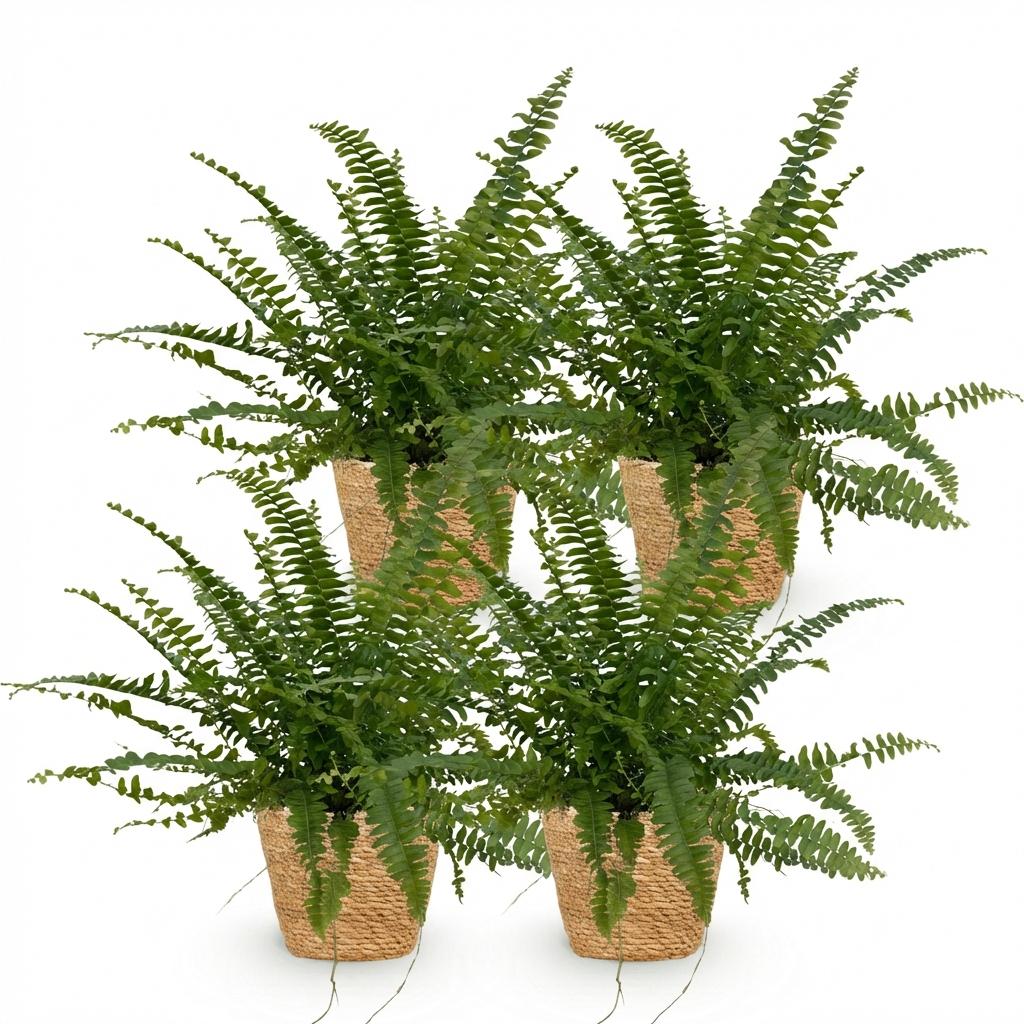 Nephrolepsis exaltata Green Lady - Varen - Huisdiervriendelijke Plant - Groen - 4 Planten - met Mand - Pot 12cm - Hoogte 25cm