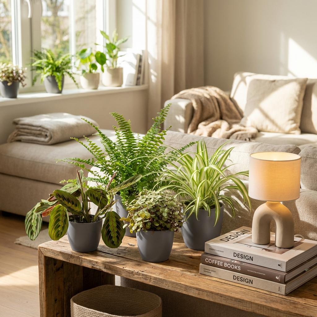 Chlorophytum - Maranta - Calissia - Nephrolepsis - Mix van 4 - Huisdiervriendelijke Planten - Groen - 4 Planten - met Potter Grijs - Pot 12cm - Hoogte 25cm
