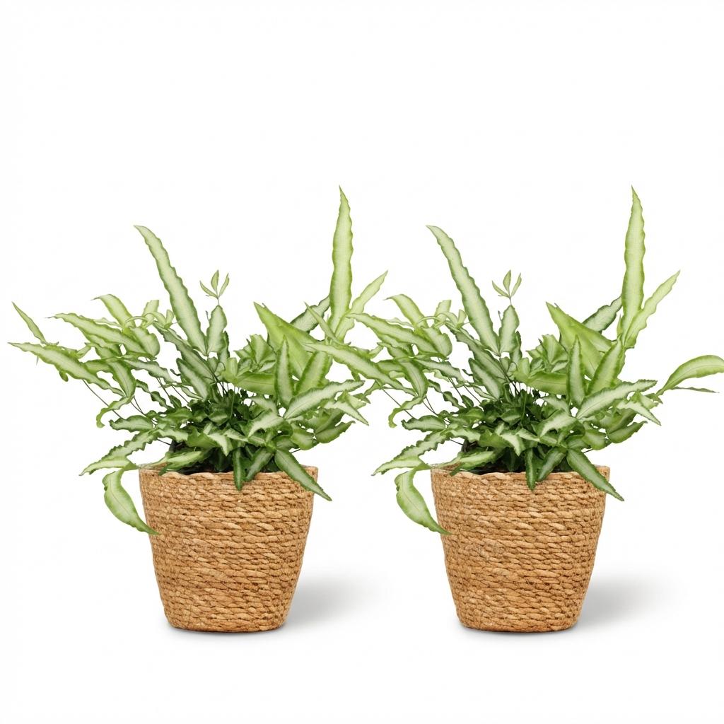 Pteris cretica Albolineata - Lintvaren - Huisdiervriendelijke Plant - Groen - 2 Planten - met Mand - Pot 12cm - Hoogte 20cm