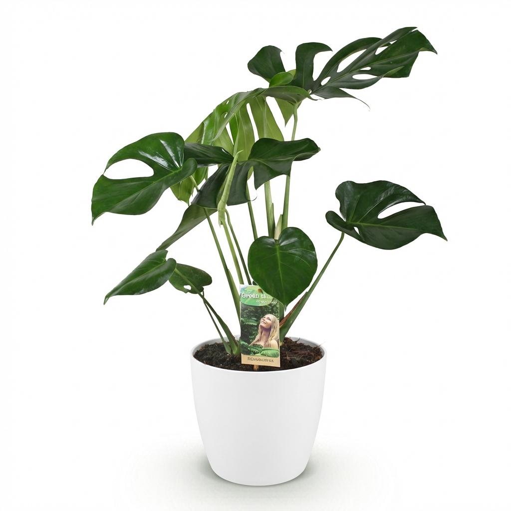 Monstera Deliciosa - Gatenplant - Weinig onderhoud - Groen - 1 Plant - met Potter Wit - Pot 21cm - Hoogte 70-80cm