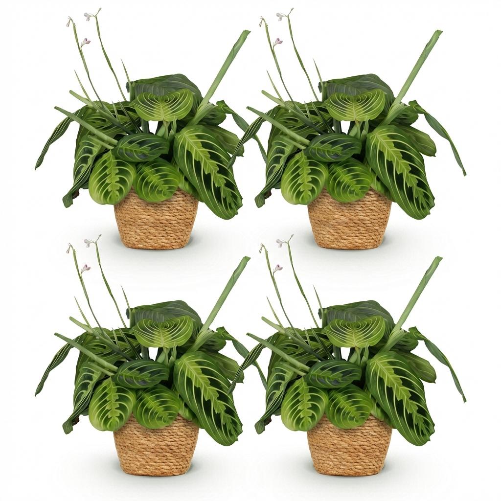 Maranta Fascinator Lemon Lime - Gebedsplant - Huisdiervriendelijke Plant - Groen - 4 Planten - met Mand - Pot 12cm - Hoogte 25cm