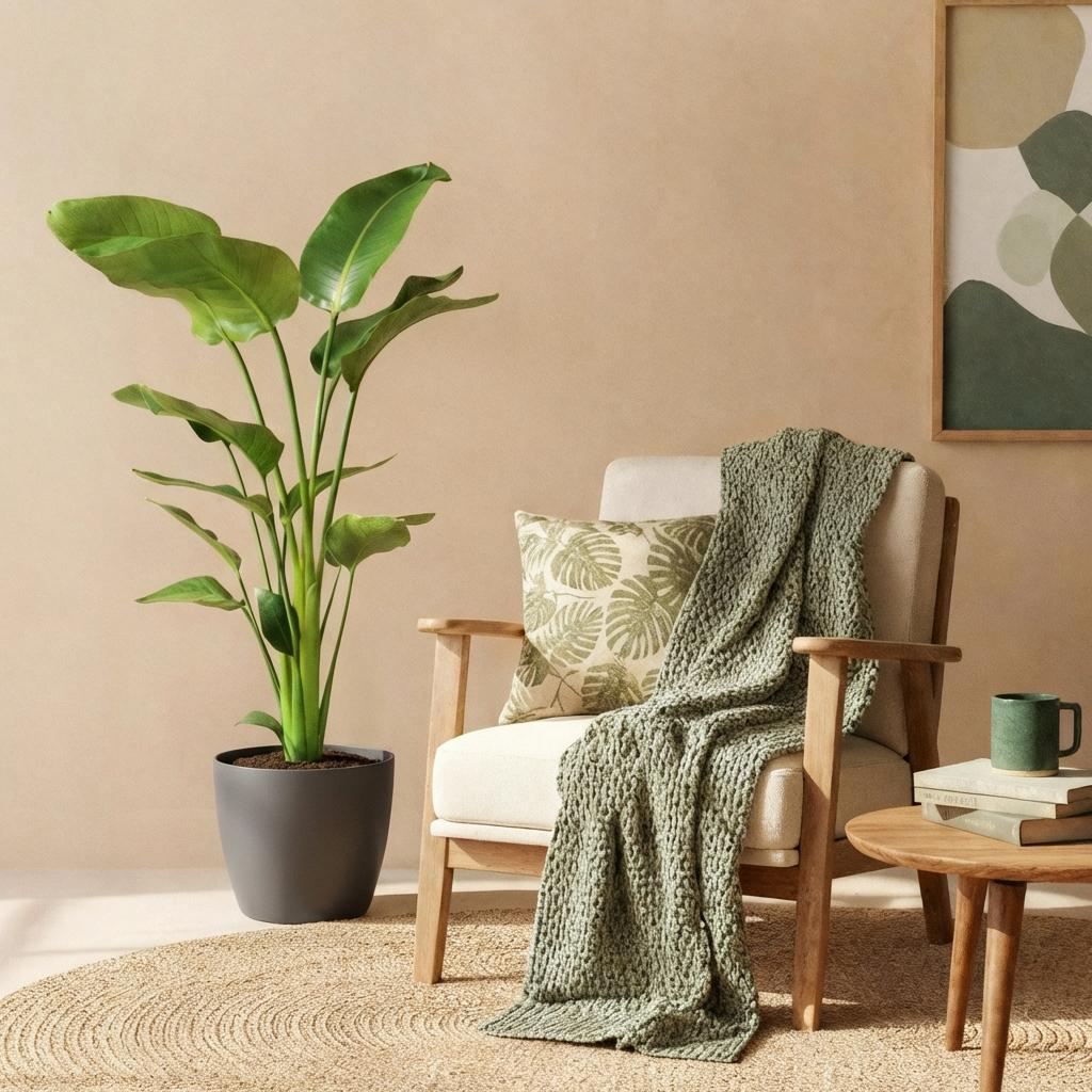 Strelitzia Nicolai - Paradijsvogelbloem - Weinig onderhoud - Groen - 1 Plant - met Potter Grijs - Pot 21cm - Hoogte 110-120cm