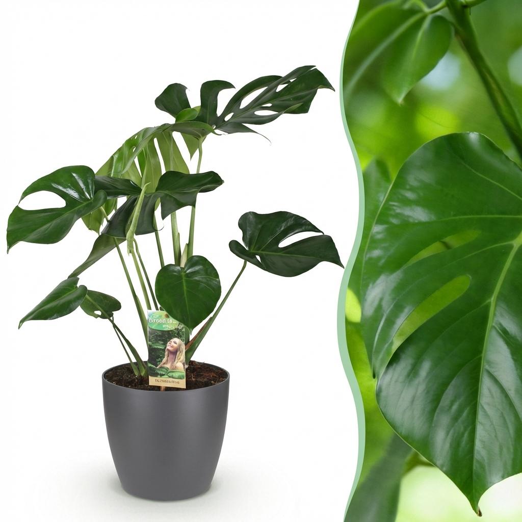 Monstera Deliciosa - Gatenplant - Weinig onderhoud - Groen - 1 Plant - met Potter Grijs - Pot 21cm - Hoogte 70-80cm