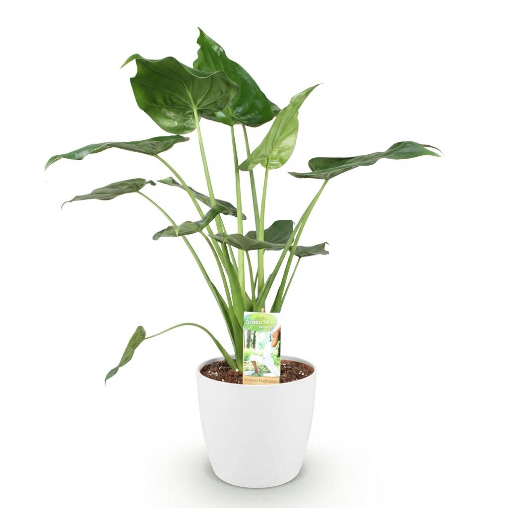 Alocasia Cucullata - Boeddha,s hand - Weinig onderhoud - Groen - 1 Plant - met Potter Wit - Pot 21cm - Hoogte 65-70cm